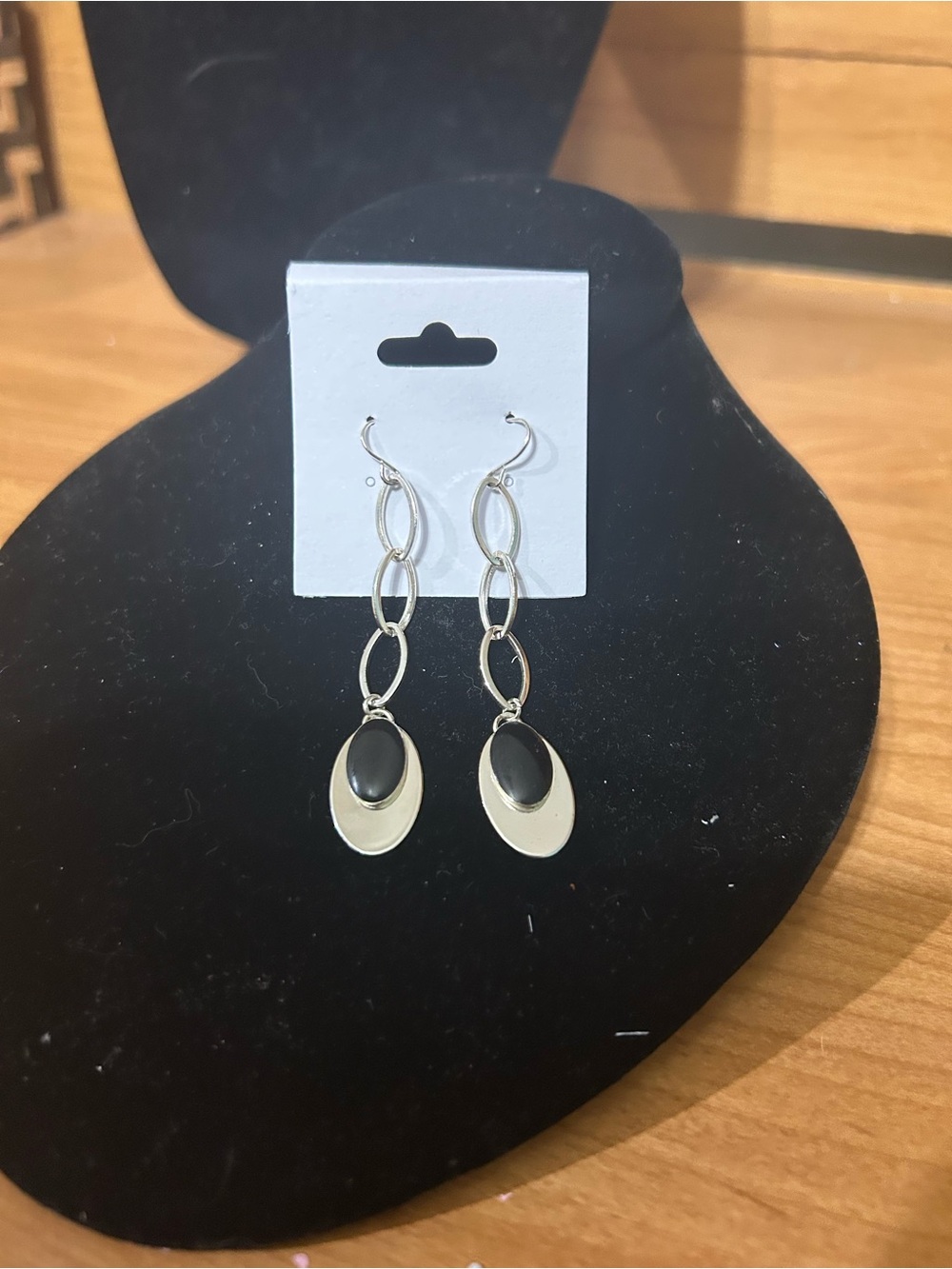 Silver Drop Earrings with Black Stone Accent